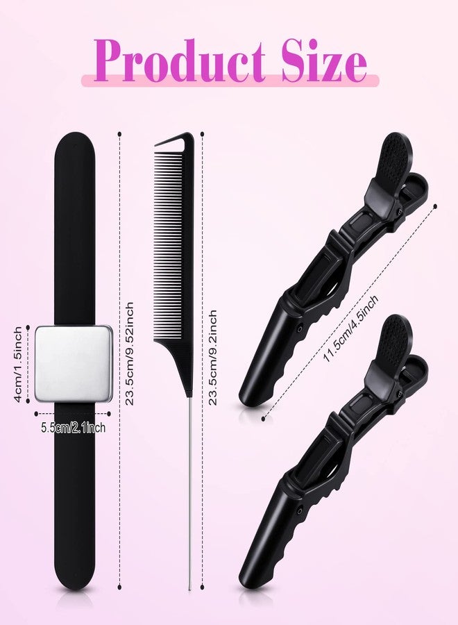 Nuenen 7 Pieces Hair Braiding Tools Magnetic Pin Wristband and 2 Pieces Stainless Steel Pintail Rat Tail Comb with 4 Wide Teeth Alligator Sectioning Hair Clip for Braid Tool Braid Maker(Black) - Image 2
